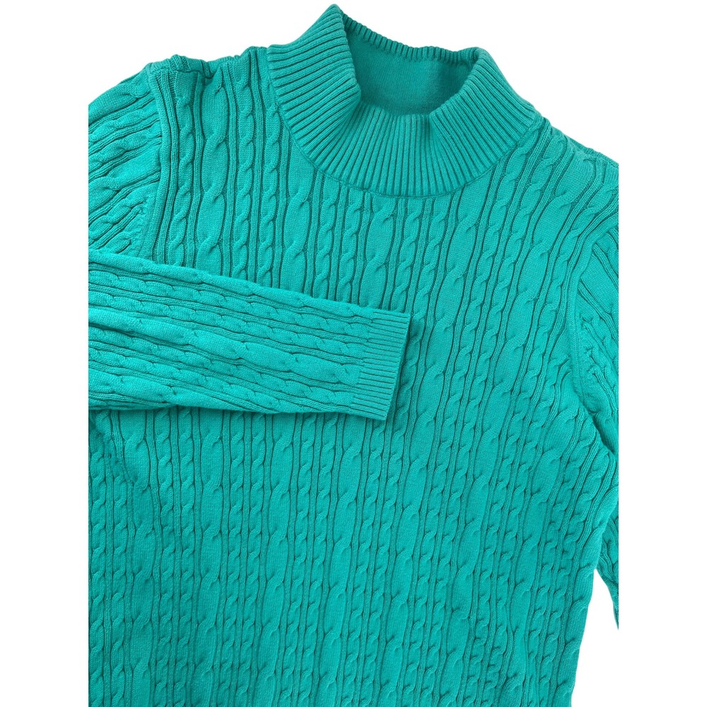 Lands End Womens Teal Green Cable Knit Mock Neck Cotton Sweater Size Medium Tall
